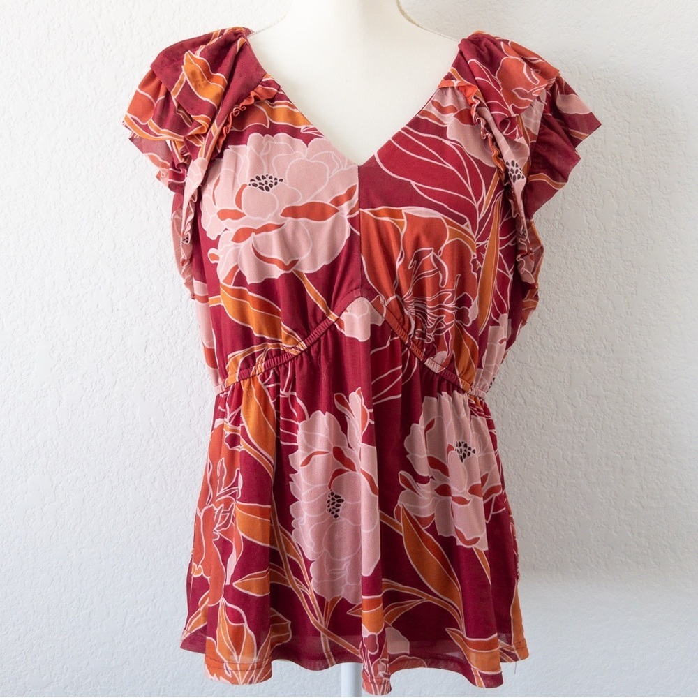 DR2 Burgundy‎ Floral Ruffle Sleeve Blouse Top Size Large